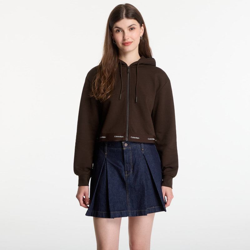 Calvin Klein Jeans Ls Terry Logo Waist Cropped Fz Hoodie Dark Coffee