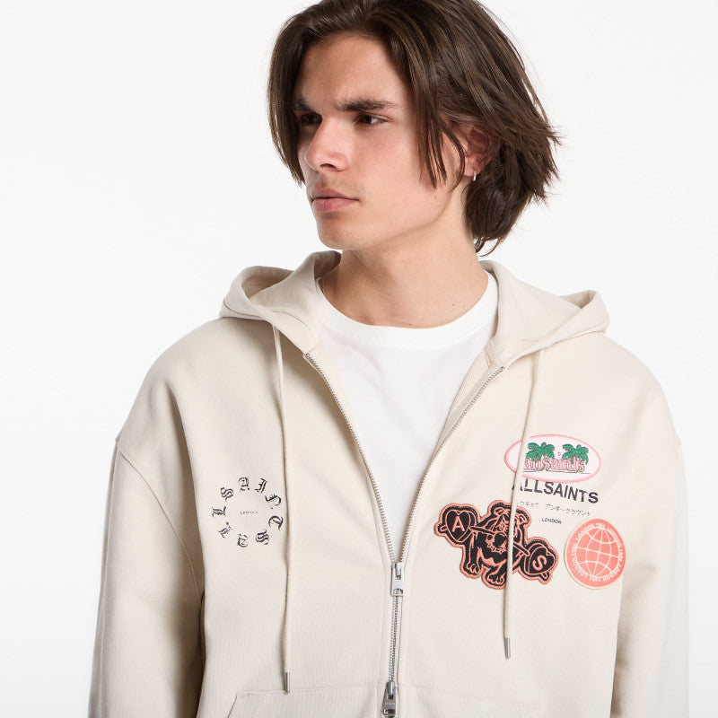 AllSaints Patcher Zip Through Sweatshirt Dusk White