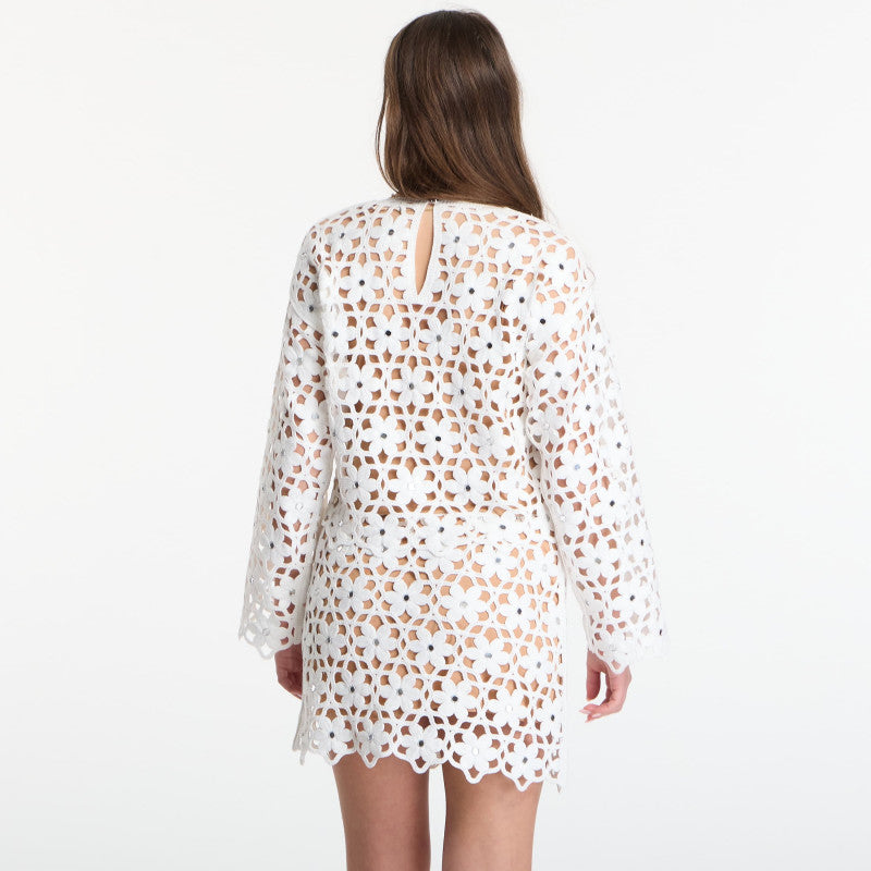 Michael Kors Mirror-Embellished Floral Crochet Top White
