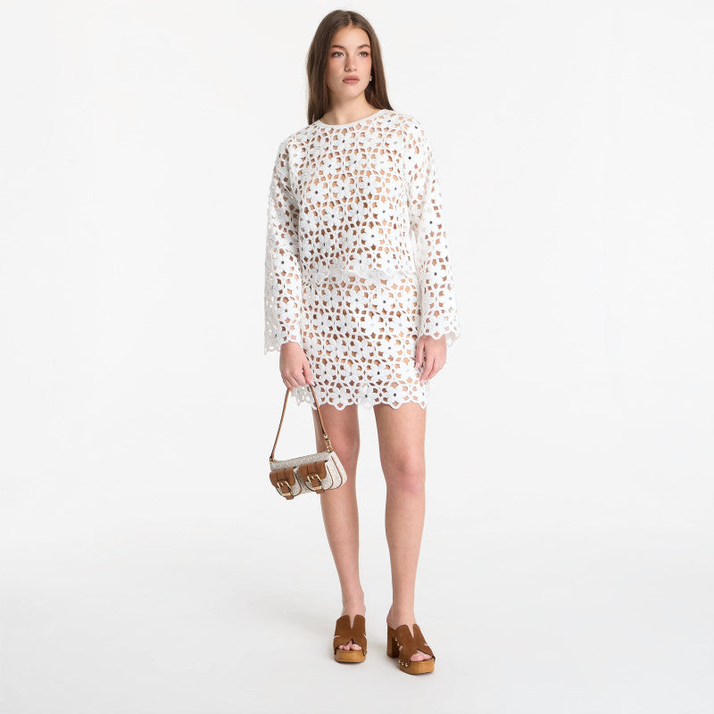 Michael Kors Mirror-Embellished Floral Crochet Top White